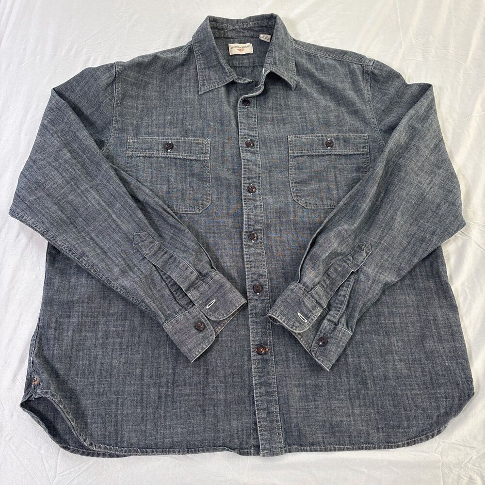 Dockers Denim Shirt Men's large Blue button up long sleeve chest pocket